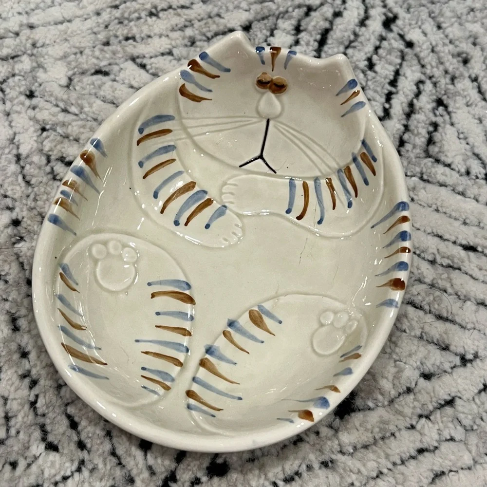 RARE Fitz and Floyd Cat Nap Trinket Dish Bowl 1977 Glaze Ceramic Fat Cat Vintage - Picture 3 of 9